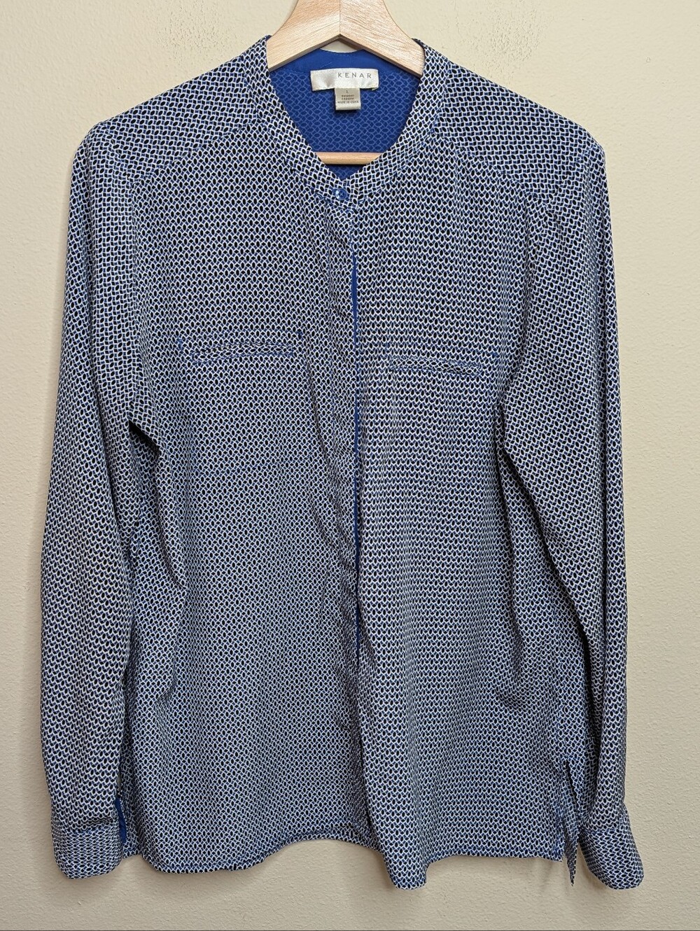 Kenar Blue Geometric Print Button Front Blouse Size Large